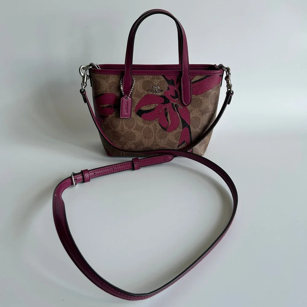 Coach City Mini Tote Brown Pink‎ Bow Signature Canvas Leather Bag Good